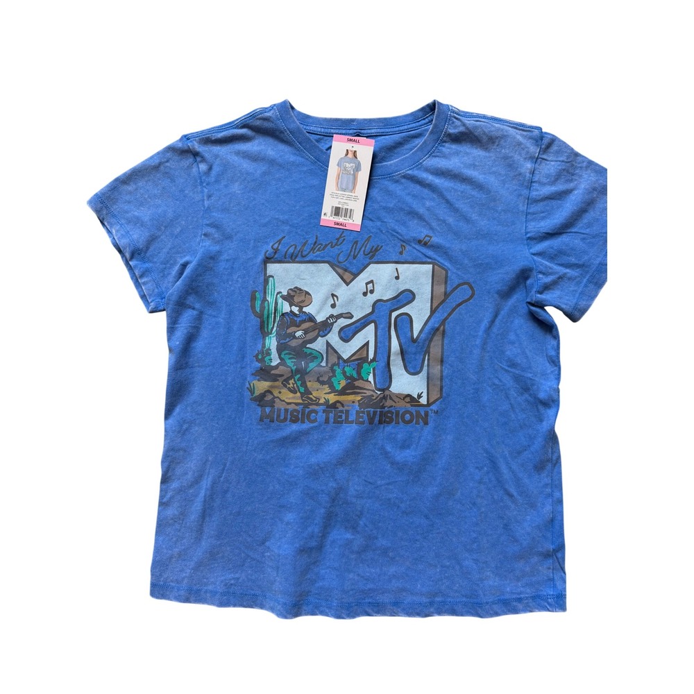 MTV Womens Cowboy Graphic T-Shirt Blue Mineral Wash I Want My MTV Small NWT